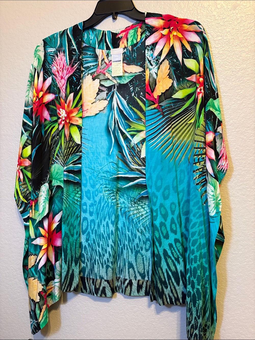 Chico's Teal Tropical Floral Kimono Shirt